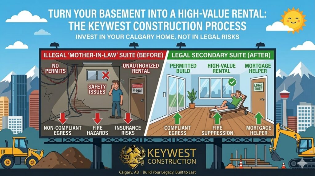 Comparison of illegal vs legal secondary suites in Calgary featuring KeyWest Construction Ltd logo and 2026 building code compliance.