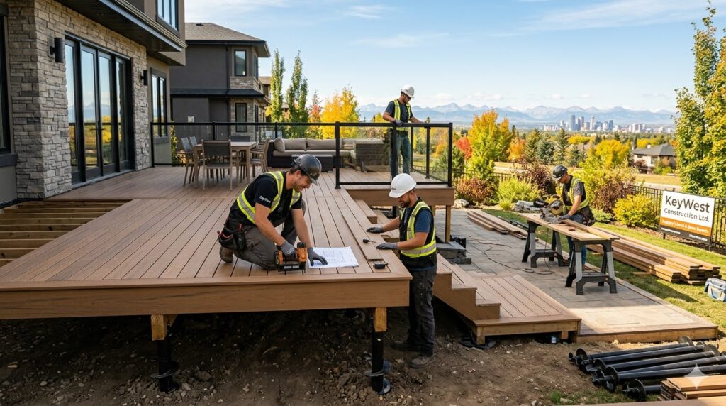 KeyWest Construction Ltd. builders installing a multi-level composite deck on screw piles in a Calgary backyard