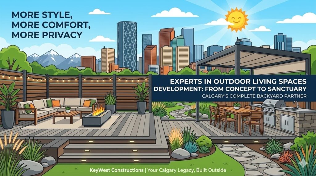 Luxury outdoor living room with integrated fire feature and composite deck in Calgary.